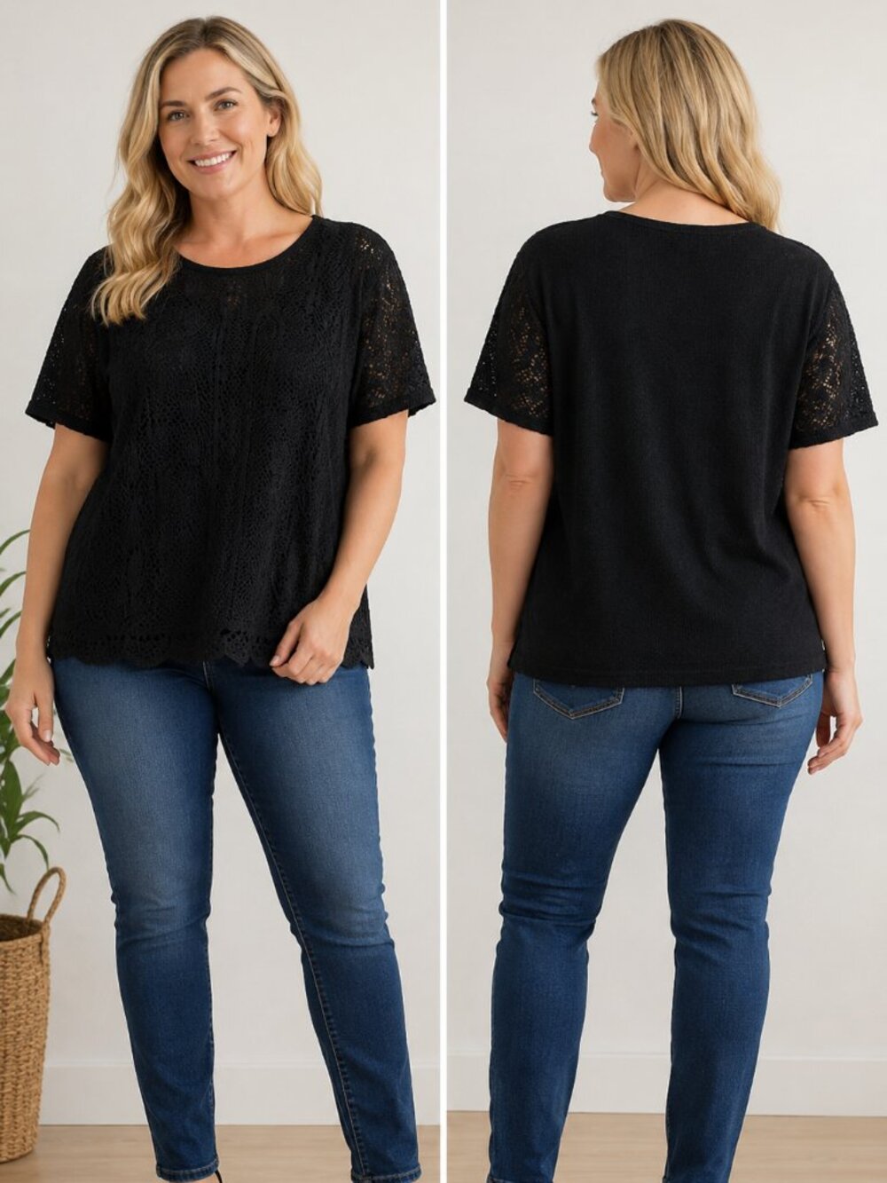 Frank Lyman Women's Black Textured Lace Knit Top Size M/L Short Sleeve Blouse